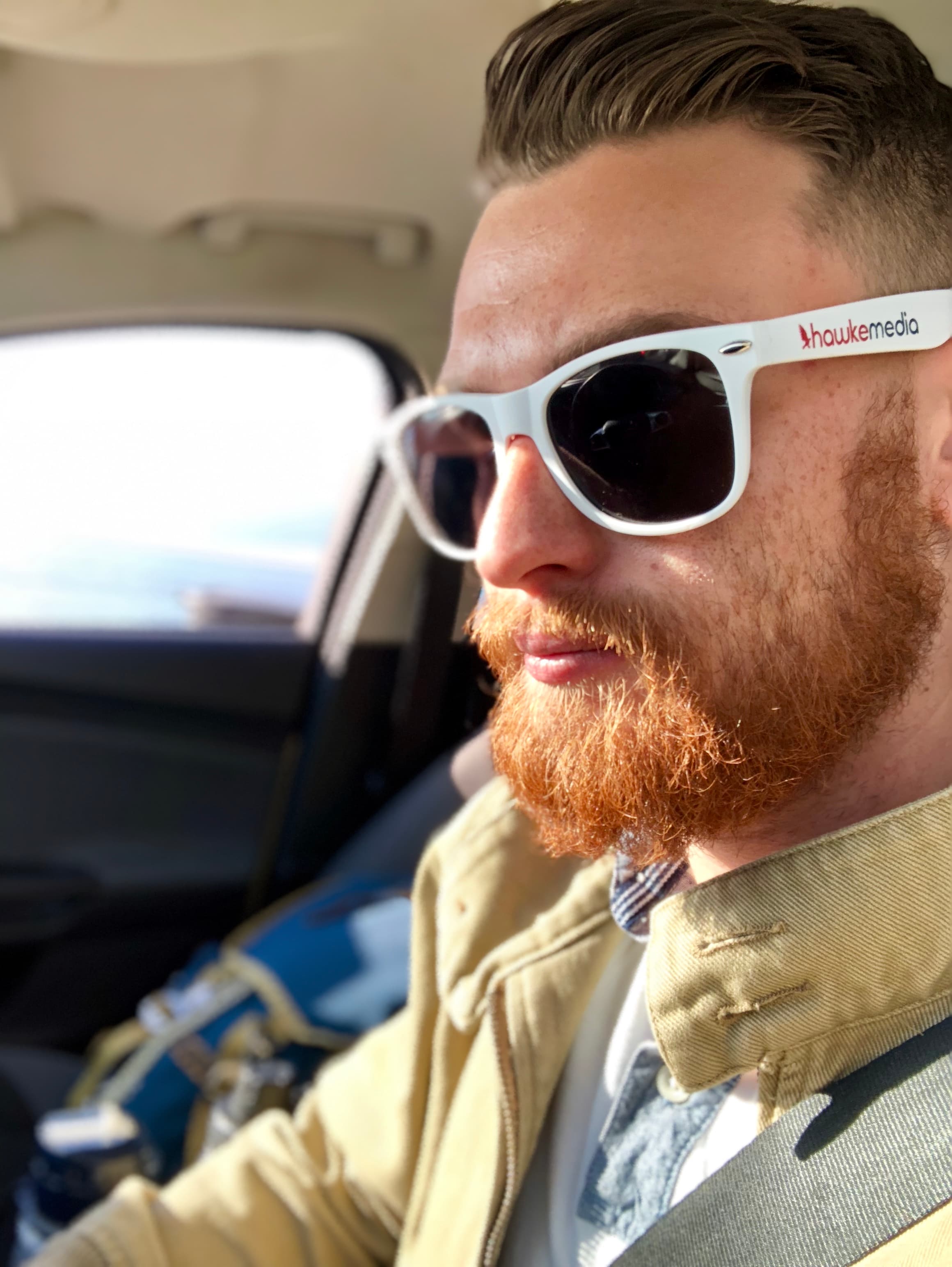 Jesse Bern in Hawke Media sunglasses, March 2018